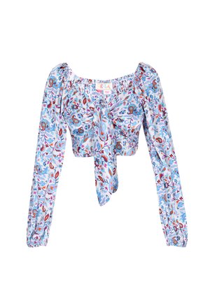 Virágmintás crop top, kék és piros paisley mintákkal, rugalmas dekoltázzsal, hosszú ujjakkal és megkötős részlettel.