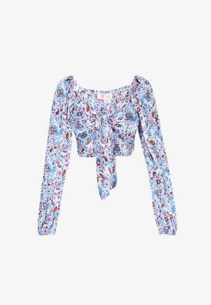 Top corto con estampado floral que presenta patrones de paisley en azul y rojo, con escote elástico, mangas largas y detalle de lazo en la parte delantera.
