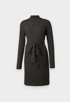 Oglasta siva dolga obleka s visoko ovratnikom in zavezanem pasu. Gladka tekstura, dolžina do kolen in minimalistični stil.