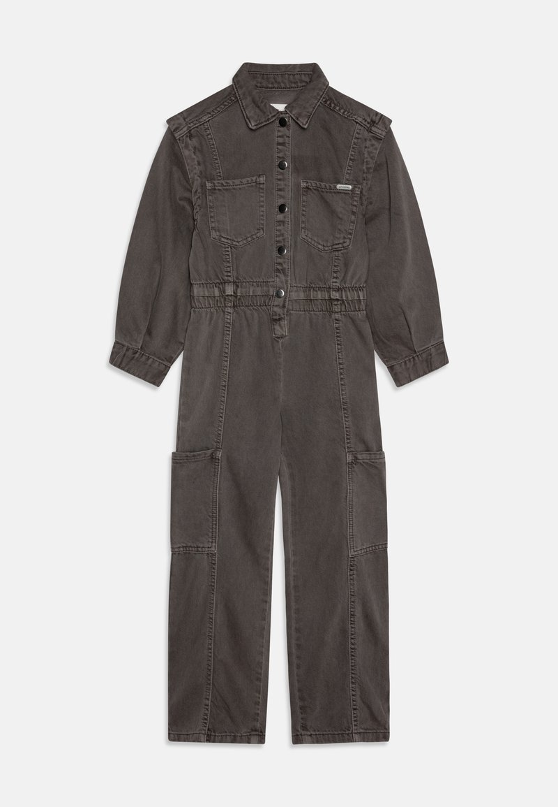 Σκούρο γκρι τζιν ολόσωμο φόρεμα με γιακά, ελαστική μέση, δύο τσέπες στο στήθος και δύο πλάγιες τσέπες. Διαθέτει κουμπιά και μακρυά μανίκια.