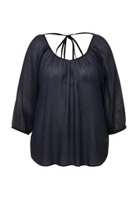 Blusa blu marine realizzata in tessuto leggero, con scollo a barchetta e dettagli con fiocco sul retro, e maniche a tre quarti.