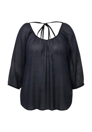 Marineblaue Bluse aus leichtem Stoff, mit einem Rundhalsausschnitt und Bindebändern am Rücken sowie Dreiviertelärmeln.