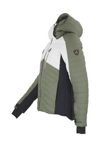 Veste isolée avec capuche zippée, coloris olive, blanc et noir, texture matelassée et écusson logo sur la manche.