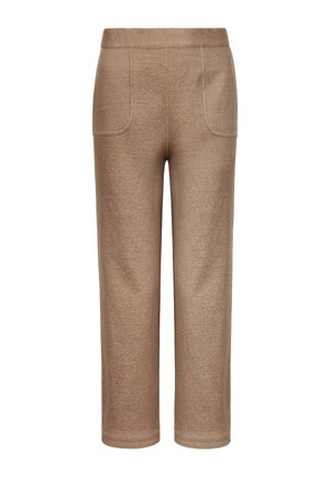 Pantalon marron droit avec deux poches plaquées à l'avant et une finition de tissu légèrement texturée.