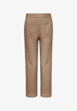 Pantalon marron droit avec deux poches plaquées à l'avant et une finition de tissu légèrement texturée.