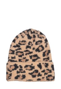 Leopard print beanie in tan and black, made of soft fabric with a folded cuff and a textured finish, featuring a pattern of irregular spots.