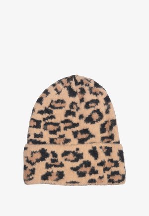 Leopardmuster-Mütze in Braun und Schwarz, aus weichem Stoff mit umgeschlagenem Bündchen und strukturierter Oberfläche, mit einem Muster aus unregelmäßigen Flecken.