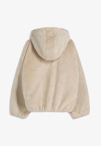 Hoodie en fausse fourrure beige au toucher doux, avec un ourlet élastique et une capuche spacieuse, offrant une coupe décontractée et ample avec des manches longues.