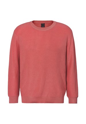 Coral ribbed knit sweater with a crew neck, long sleeves, and a textured finish. Features a regular fit and soft material.