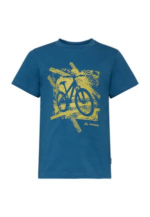 T-shirt a maniche corte blu con una grafica gialla di una bicicletta e tracce di pneumatici, con il logo del marchio Vaude in basso a destra.