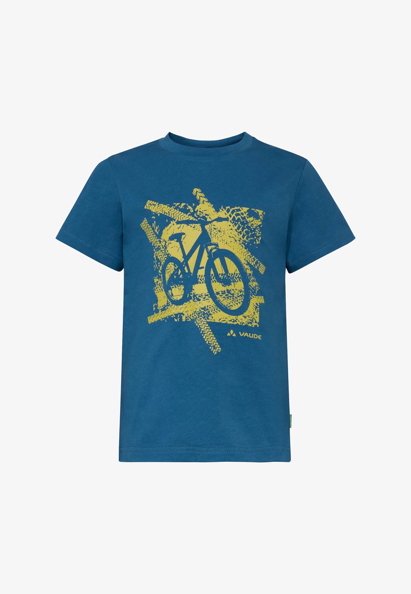 Blauw T-shirt met korte mouwen en een gele afbeelding van een fiets en bandensporen, met het Vaude-merklogo rechtsonder.