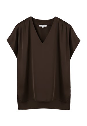Blusa marrone scuro a maniche corte con scollo a V e vestibilità ampia, con una piccola etichetta con la taglia 38 sul colletto.