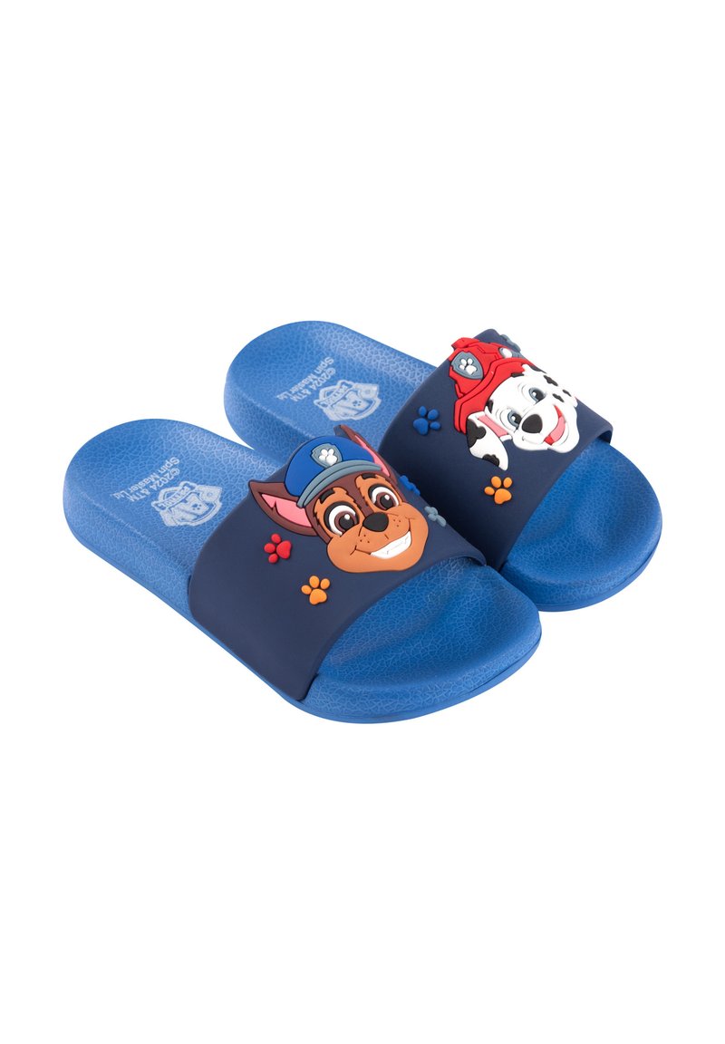 Blue slide sandals with a textured sole. Features rubber straps depicting cartoon dog faces, with paw print accents in orange and red.