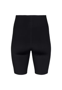 Pantaloncini da ciclismo neri in tessuto elasticizzato, con vita alta, texture liscia e design semplice senza motivi o abbellimenti.