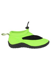Neon-grüne, wasserdichte Schuhe mit schwarzen Netzdetails, elastischem oberen Teil und strukturiertem Gummiaufsatz, geeignet für Wasseraktivitäten.