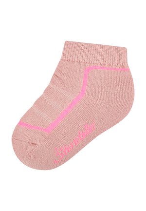 Pink ankle sock with a ribbed cuff, a bright pink line detail, and a brand name on the sole in matching pink text.