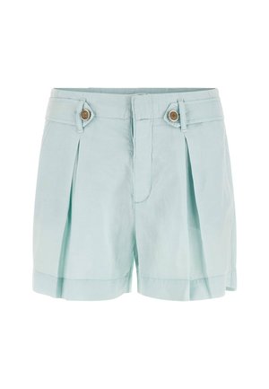 Lichtblauwe linnen shorts met plooien, twee knoopdetails bij de tailleband en een omgeslagen zoom. Heeft een soepele textuur en een gemaakte ontwerp.