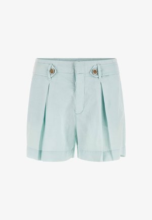 Lichtblauwe linnen shorts met plooien, twee knoopdetails bij de tailleband en een omgeslagen zoom. Heeft een soepele textuur en een gemaakte ontwerp.