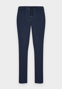 Marineblå joggebukser med snøring i livet, innsnørede ben, og myk, glatt stoff. Ingen lommer eller distinkte mønstre.