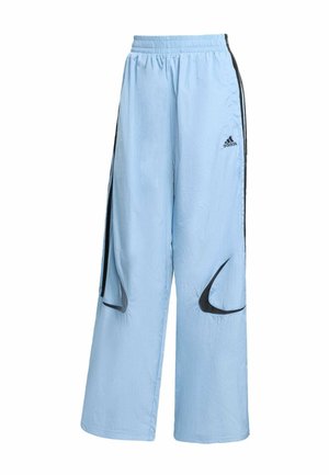Light blue pants made of textured fabric with a wide-leg design. Features black side stripes and accents, and a branded logo on the front.