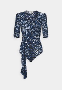 Blå och svart wrap bodysuit med trekvartslånga ärmar, texturerad tyg, abstrakta mönster och en knytning i midjan.