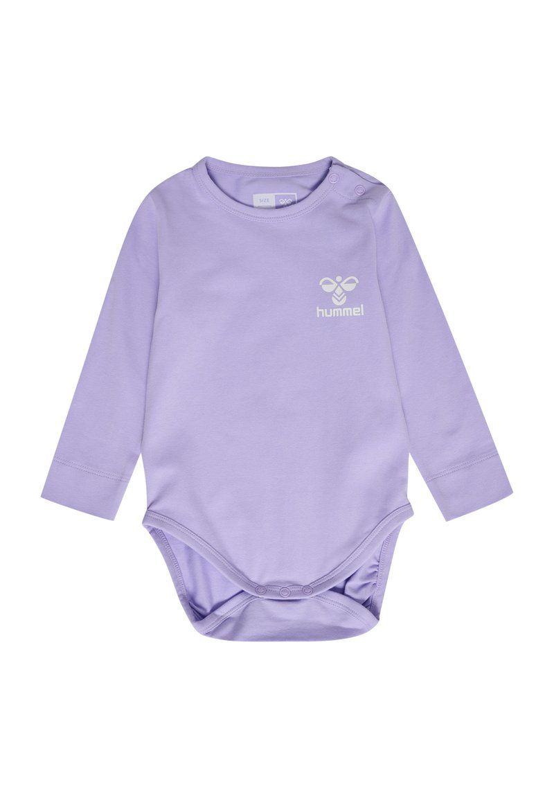 Långärmad ljuslila babybodysuit i mjuk bomull, med rund halsringning, tryckknappar vid axeln och en detalj med bikupemotiv.