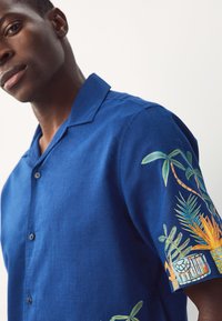 Chemise en lin bleu à manches courtes avec une broderie botanique vibrante sur la manche gauche, présentant divers motifs et couleurs de plantes.