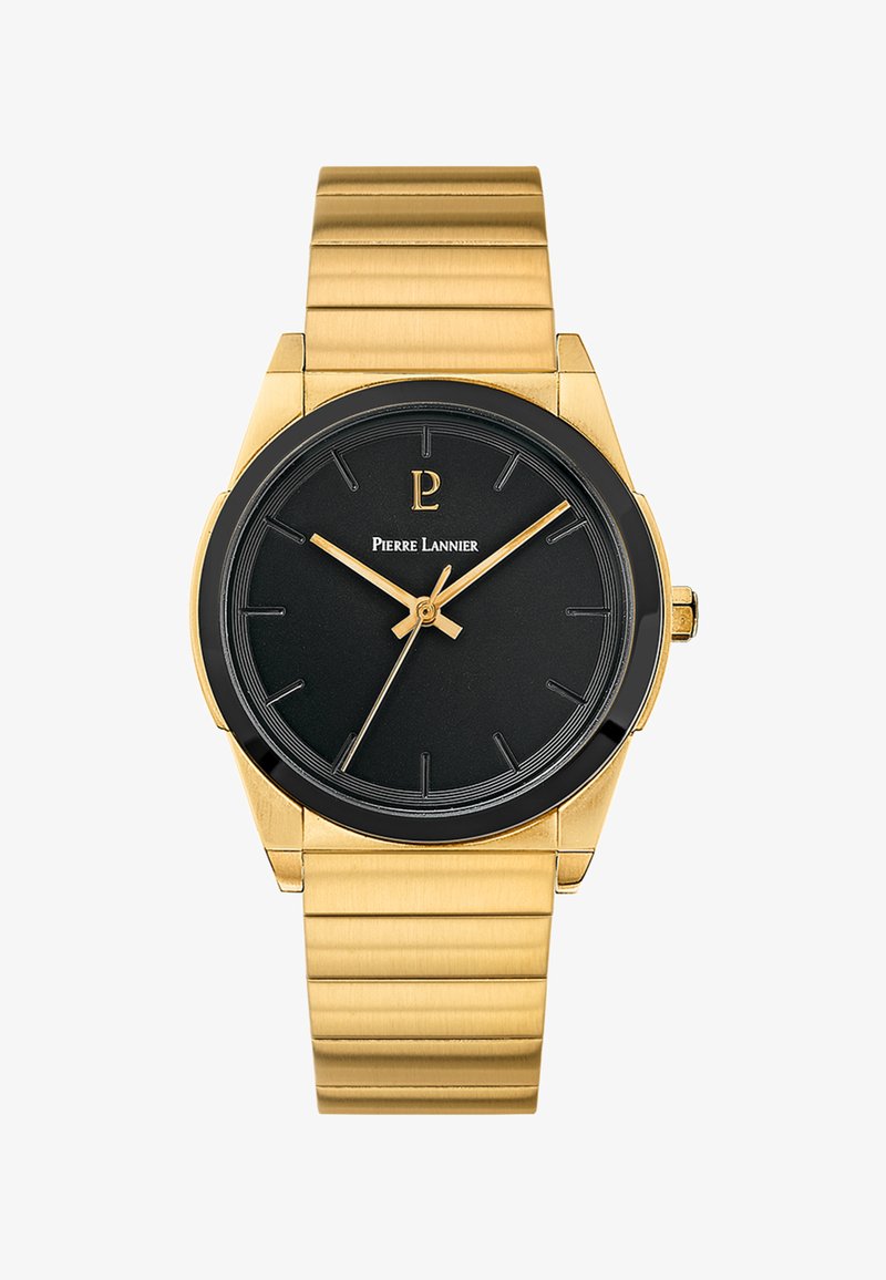 Gouden metalen horloge met een braceletband, zwarte wijzerplaat, gouden uurmarkeringen en wijzers. Beschikt over een ronde kast met een zwarte bezel en logo.