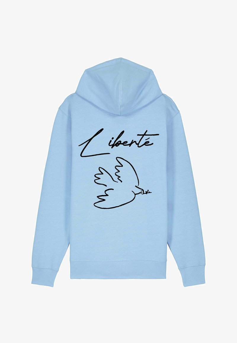 Hoodie bleu clair avec une capuche à cordon, présentant un contour noir d'une colombe et le mot « Liberté » en cursive au dos.