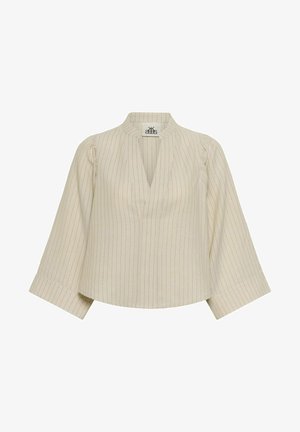 Blouse crème à fines rayures verticales, col en V plongeant, manches larges trois-quarts et coupe décontractée.