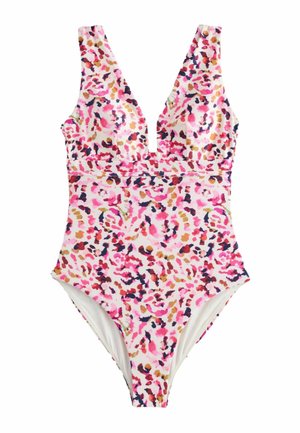 Eéndelige swimsuit in een roze en witte luipaardprint. Beschikt over een diepe V-hals en brede bandjes met een aansluitend ontwerp.