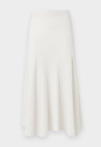 White ribbed midi skirt with a flared silhouette, featuring a fitted waistband and vertical pinstripe texture throughout. Soft knit material.