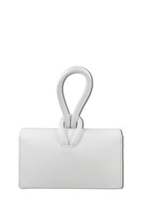 White leather handbag with a textured finish, featuring a unique loop handle and a rectangular shape. Minimalist design, no external hardware.