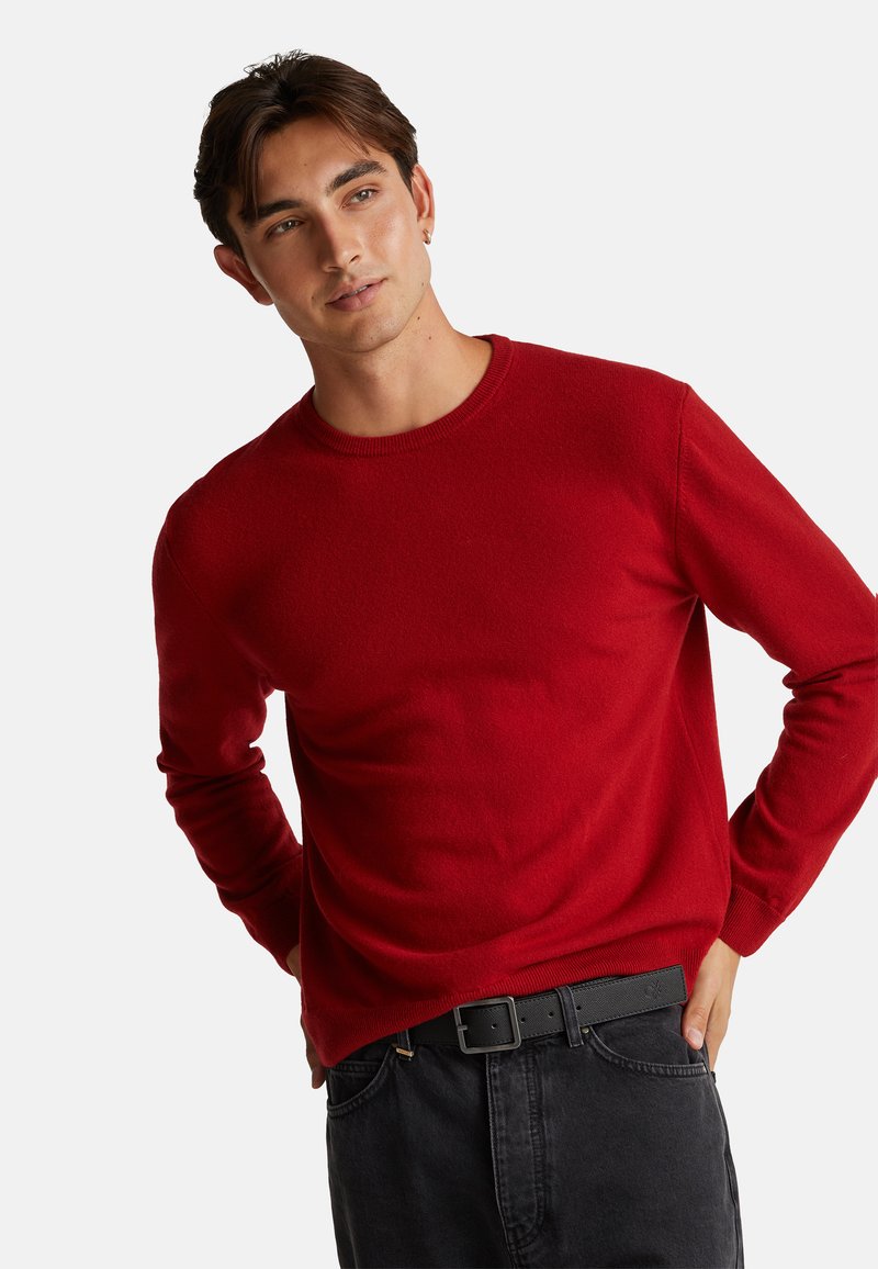 Junger Mann mit kurzen braunen Haaren, der einen roten Pullover und schwarze Jeans mit einem schwarzen Gürtel trägt, posiert mit den Händen hinter dem Rücken.