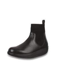 Botte noire à la cheville, extérieur en cuir lisse, panneaux latéraux élastiques, semelle rembourrée, languette à l'arrière, forme épurée, texture douce.