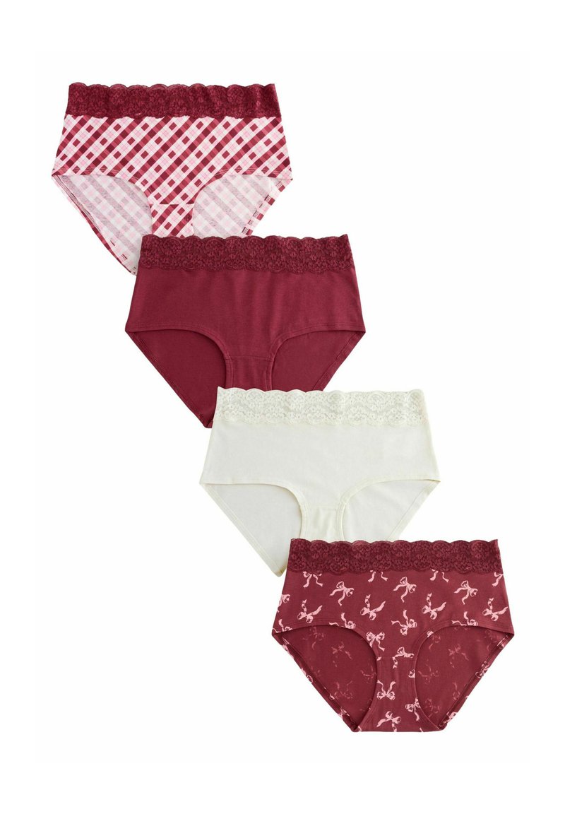 Vier damesonderbroeken met kanten tailles; kleuren en patronen zijn onder andere kastanjebruin met strikjes, effen kastanjebruin, wit en kastanjebruin met witte ruitjes.