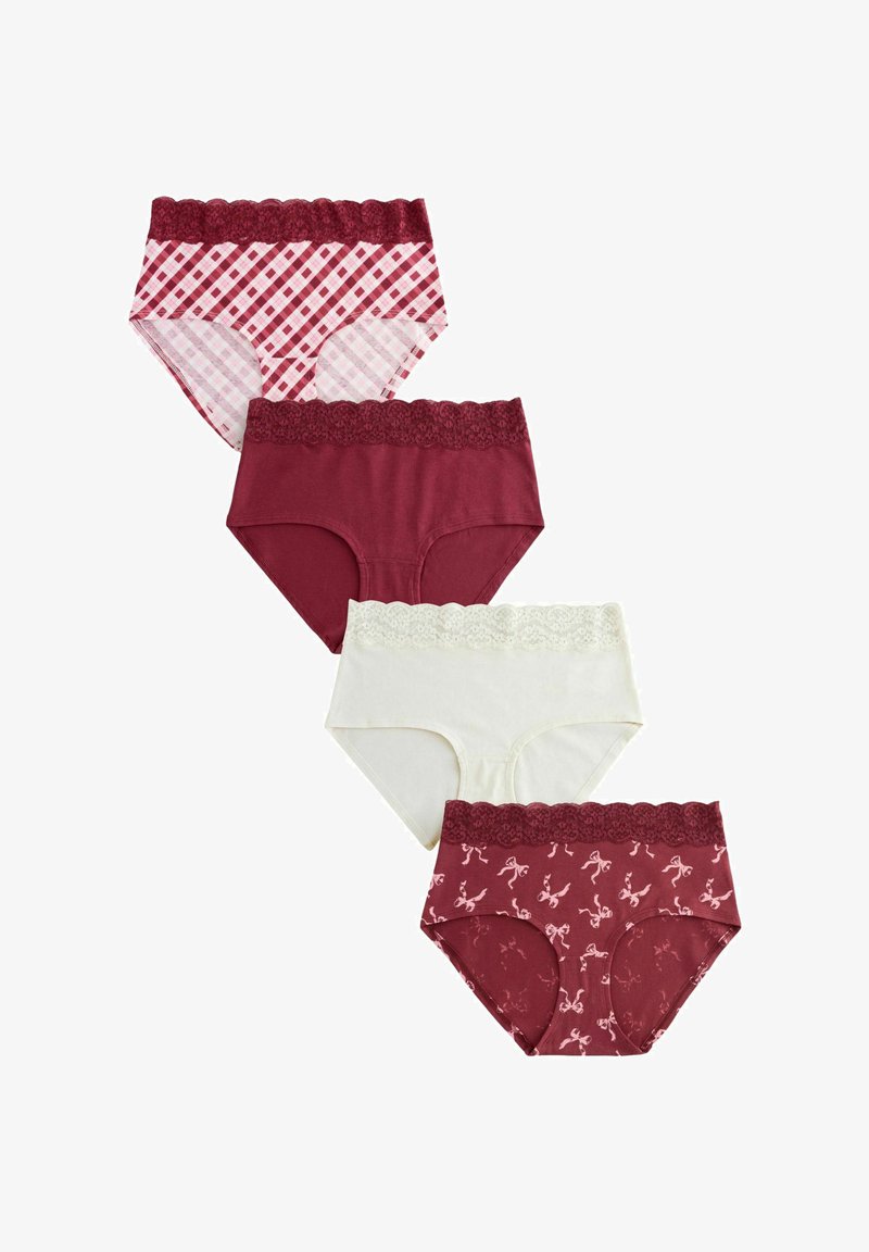 Quatre culottes féminines avec des ceintures en dentelle ; les couleurs et motifs incluent du bordeaux avec des nœuds, du bordeaux uni, du blanc, et un motif à carreaux bordeaux et blanc.