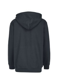 Dunkelblaue Kapuzenjacke mit einer großen, runden Kapuze, langen Ärmeln, gerippten Bündchen und Saum. Weiche Textur, keine sichtbaren Muster oder Grafiken.