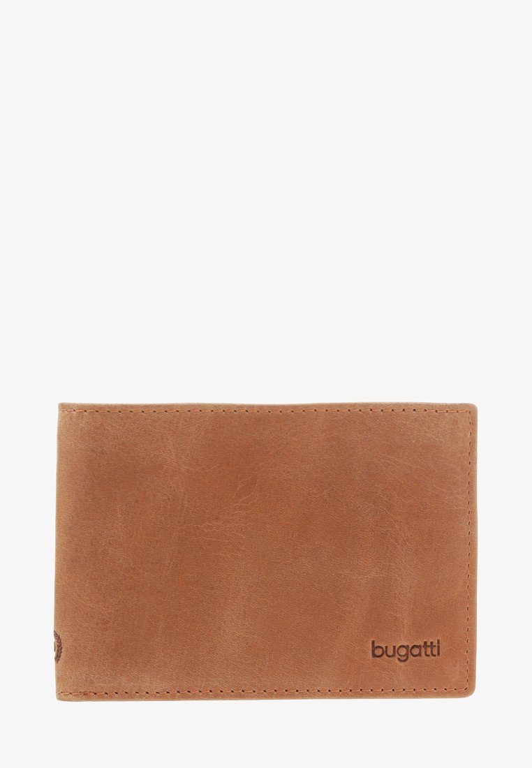 Brown leather wallet with a smooth texture, rectangular shape, and subtle stitching. Features embossed "bugatti" logo on the front.