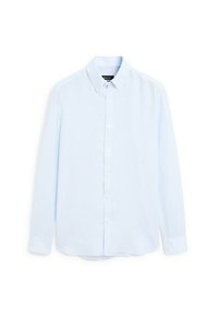 Camicia a maniche lunghe azzurro chiaro con bottoni, caratterizzata da un collo classico, una texture sottile e bottoni bianchi lungo il pattino frontale e i polsini.