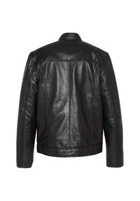 Zwarte leren jas gezien van achteren, met een gladde textuur, gestructureerde schouders en verticale naden. Eenvoudig kraagontwerp.