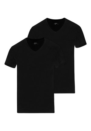 Two black v-neck t-shirts made of a soft material. Short sleeves and a relaxed fit. Simple design without patterns or accents.