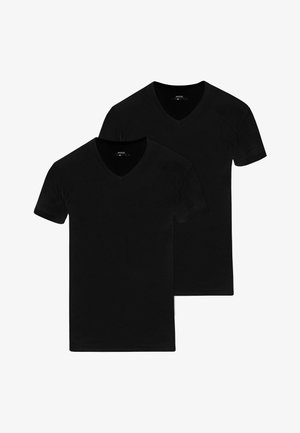 Due magliette nere a collo a V realizzate in un materiale morbido. Maniche corte e vestibilità comoda. Design semplice senza motivi o accenti.