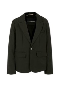 Czarna marynarka na jeden guzik z klapami typu notch, kieszeniami z patkami i metką John Richmond wewnątrz kołnierza.