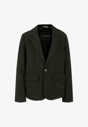 Czarna marynarka na jeden guzik z klapami typu notch, kieszeniami z patkami i metką John Richmond wewnątrz kołnierza.