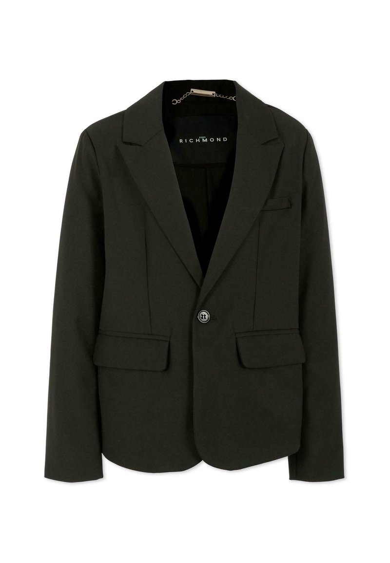 Czarna marynarka na jeden guzik z klapami typu notch, kieszeniami z patkami i metką John Richmond wewnątrz kołnierza.