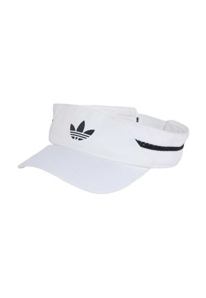 Biały sportowy daszek z czarnym logo Adidas trefoil z przodu i czarnym paskiem na opasce.