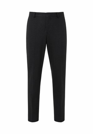 Schwarze, maßgeschneiderte Slim-Fit-Hose mit Gürtelschlaufen und verdecktem Frontverschluss, knöchellanger Schnitt.