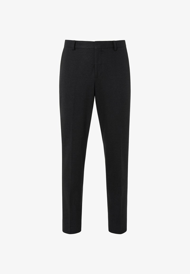 Zwarte op maat gemaakte slim-fit broek met riemlussen en een voorzijde met verborgen sluiting, enkellange snit.
