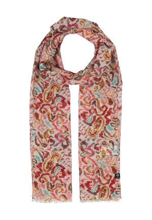 Leichter Schal mit abstraktem, mehrfarbigem Wirbelmuster in Rot-, Rosa-, Orange-, Braun- und Blautönen, mit ausgefransten Kanten und einem kleinen schwarzen Markenzeichen.